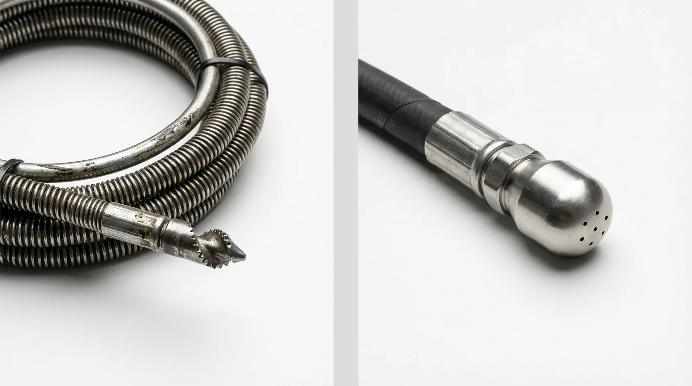 Drain snake cable and hydro jetting nozzle used for drain cleaning in Lexington, MO