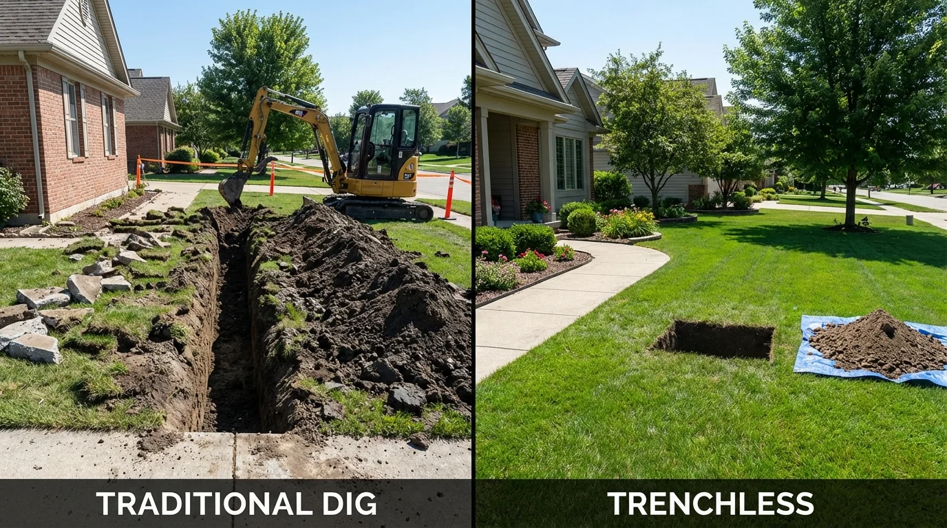 Trenchless sewer repair with minimal yard damage versus traditional excavation in Lexington, MO