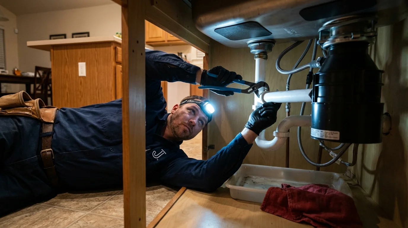 P-trap and supply line connections under a kitchen sink showing a common leak point in Lexington, MO